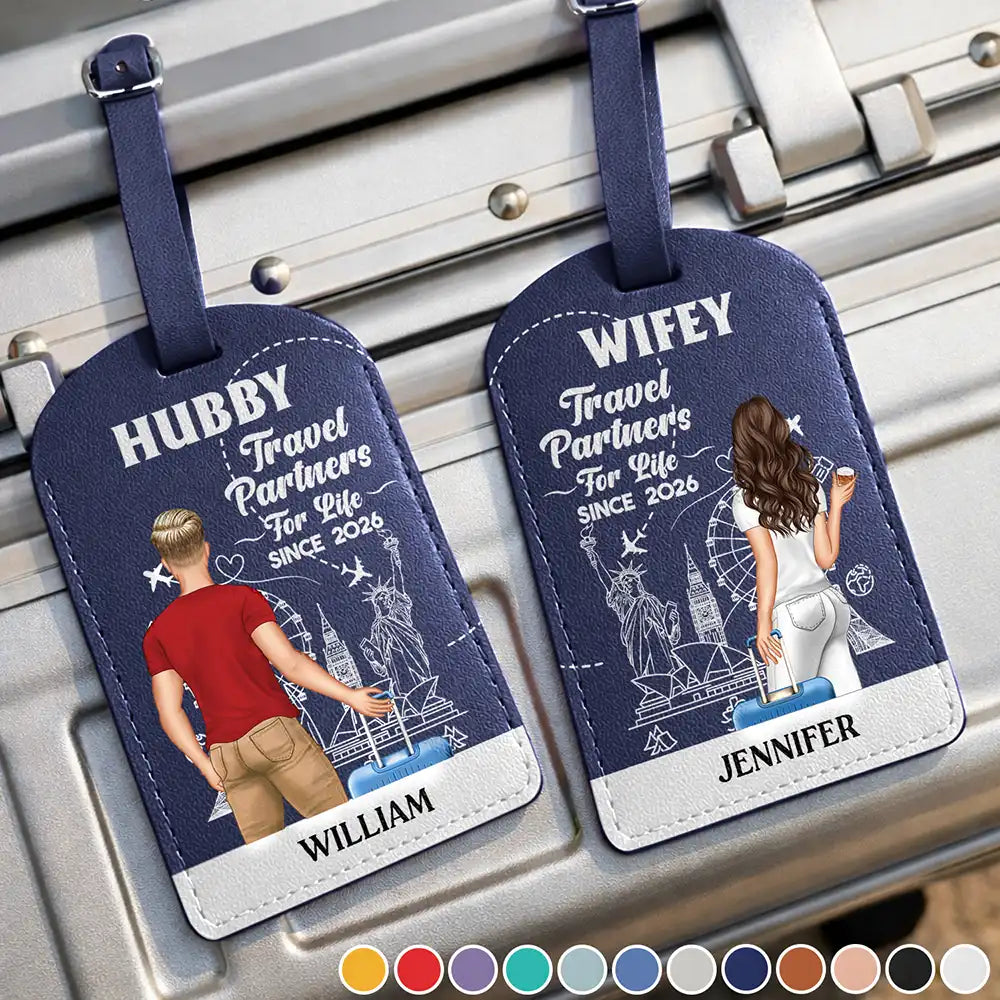 Travel,Gift For Couples,Gift For Husband,Gift For Wife,Gift For Boyfriend,Gift For Girlfriend,Happy - Travel Partner For Life - Personalized Combo 2 Leather Luggage Tags