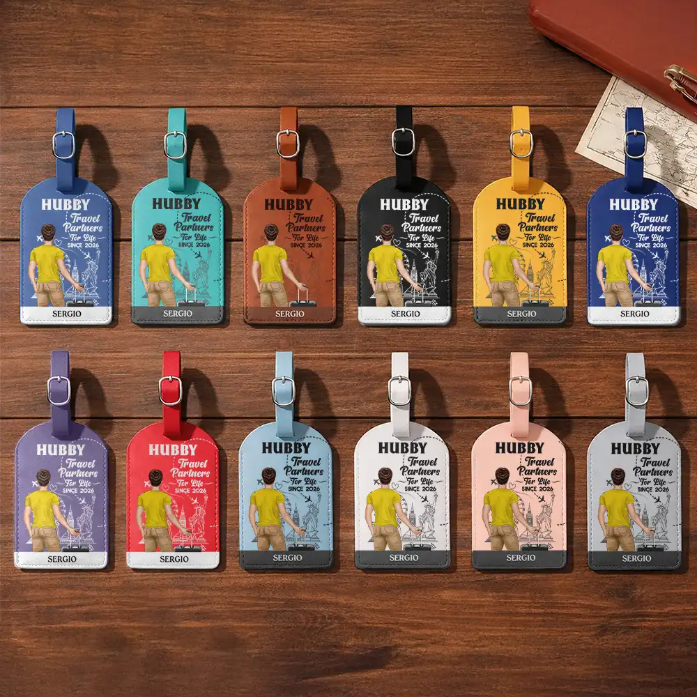 Travel,Gift For Couples,Gift For Husband,Gift For Wife,Gift For Boyfriend,Gift For Girlfriend,Happy - Travel Partner For Life - Personalized Combo 2 Leather Luggage Tags