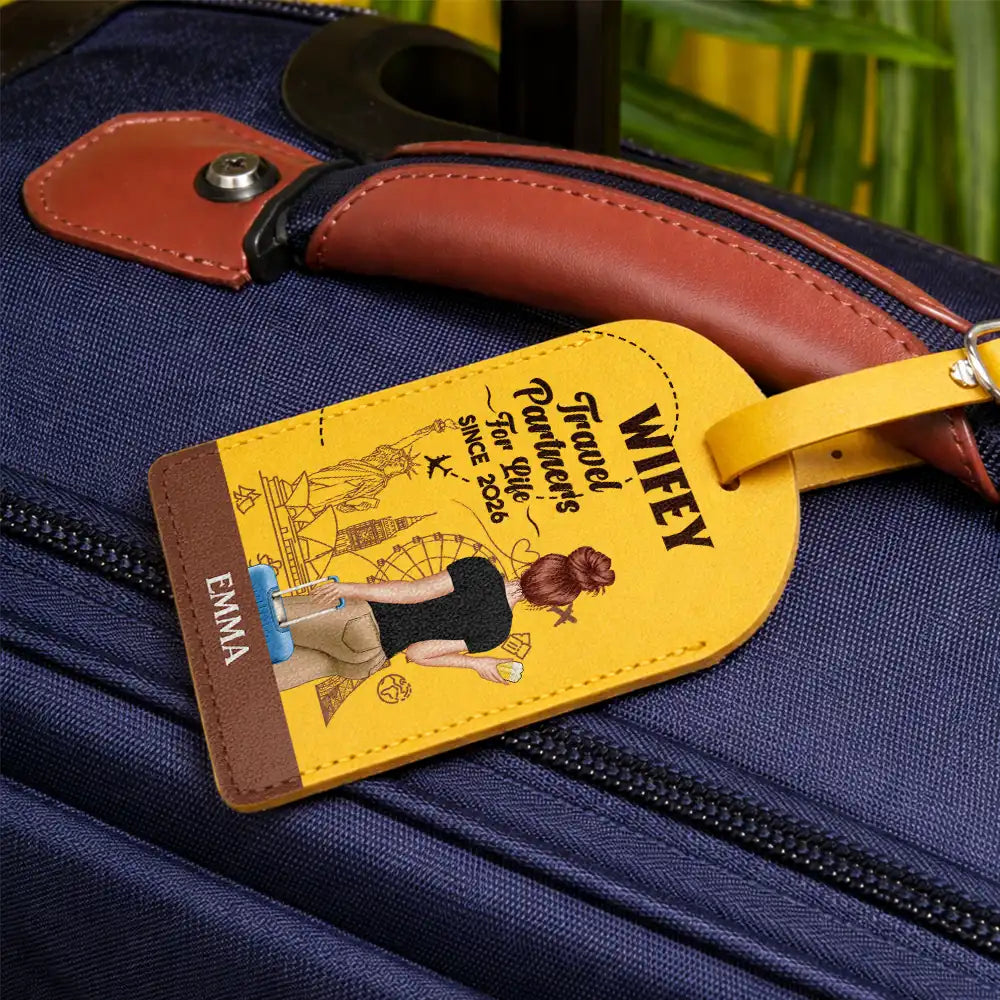 Travel,Gift For Couples,Gift For Husband,Gift For Wife,Gift For Boyfriend,Gift For Girlfriend,Happy - Travel Partner For Life - Personalized Combo 2 Leather Luggage Tags