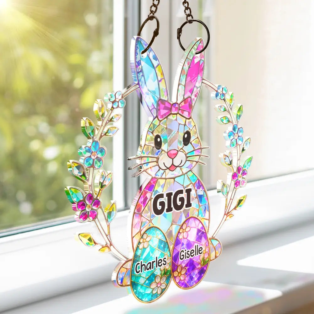 Happy,Gift For Wife,Gift For Mother,Gift For Grandma,Easter - Easter Bunny Egg Grandma Mom Glass Effect - Personalized Window Hanging Suncatcher Ornament