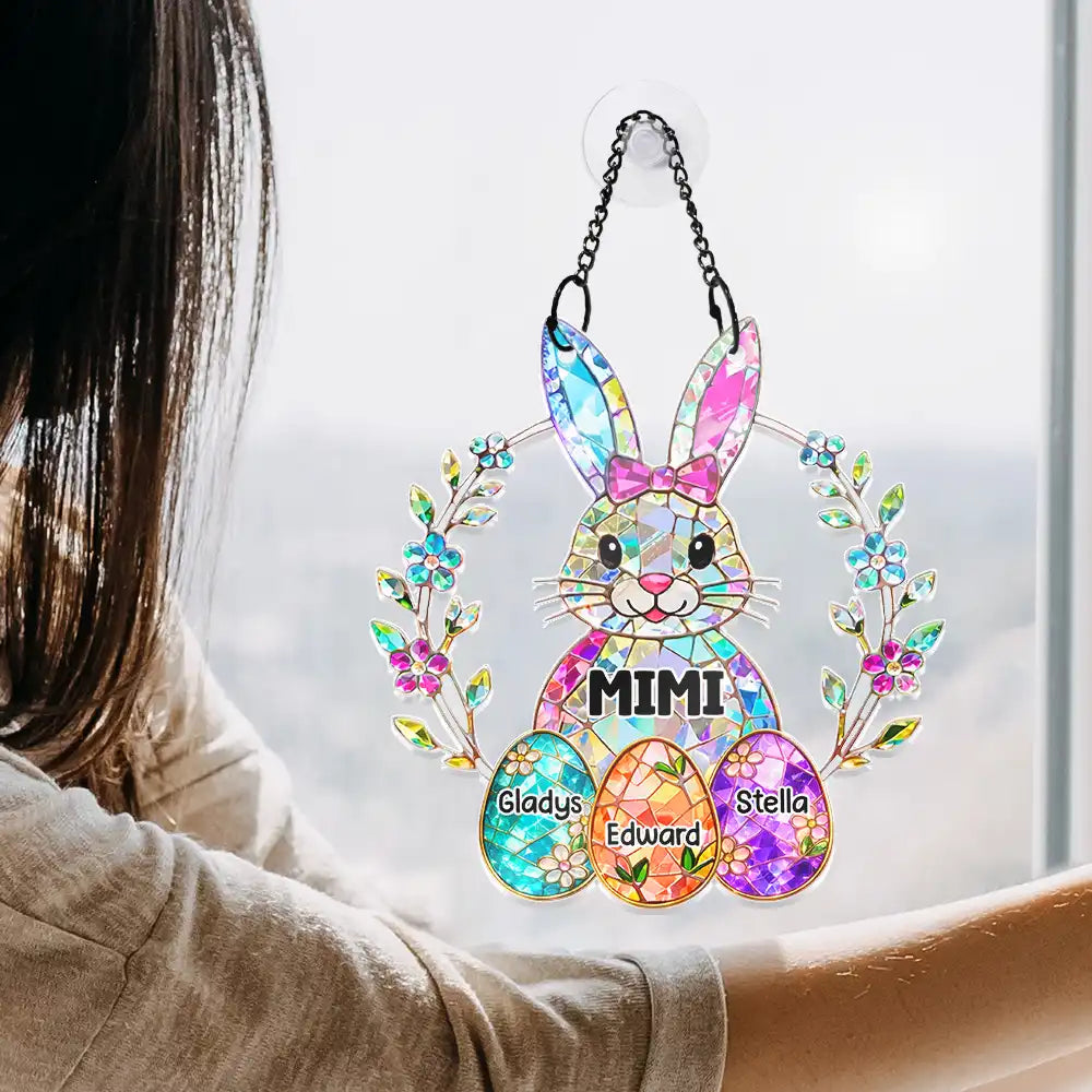 Happy,Gift For Wife,Gift For Mother,Gift For Grandma,Easter - Easter Bunny Egg Grandma Mom Glass Effect - Personalized Window Hanging Suncatcher Ornament