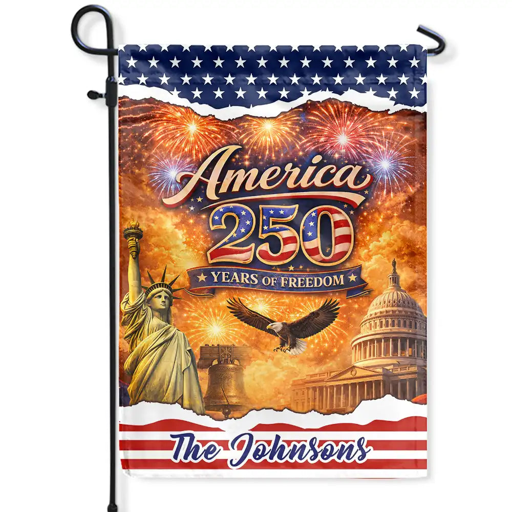 Gift For Couples, Gift For Husband, Gift For Wife, Gift For Boyfriend, Gift For Girlfriend, Parents, Gift For Yourself, Gift For Women, Gift For Men, Gift For Mother, Gift For Father, Gift For Daughter, Gift For Son, Family, Independence Day, America 250th, Happy - America 250 Years Of Freedom With Iconic Symbols - Personalized Flag