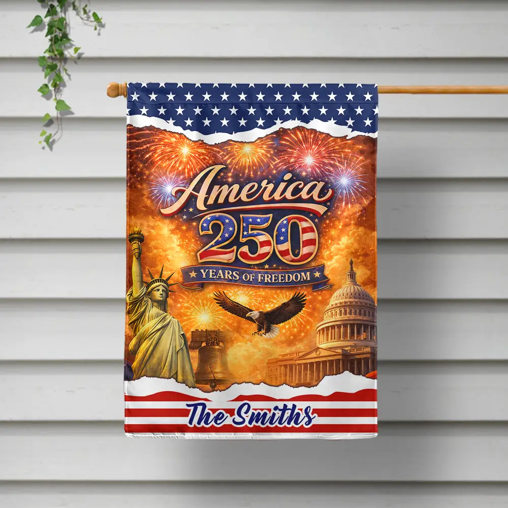 Gift For Couples, Gift For Husband, Gift For Wife, Gift For Boyfriend, Gift For Girlfriend, Parents, Gift For Yourself, Gift For Women, Gift For Men, Gift For Mother, Gift For Father, Gift For Daughter, Gift For Son, Family, Independence Day, America 250th, Happy - America 250 Years Of Freedom With Iconic Symbols - Personalized Flag