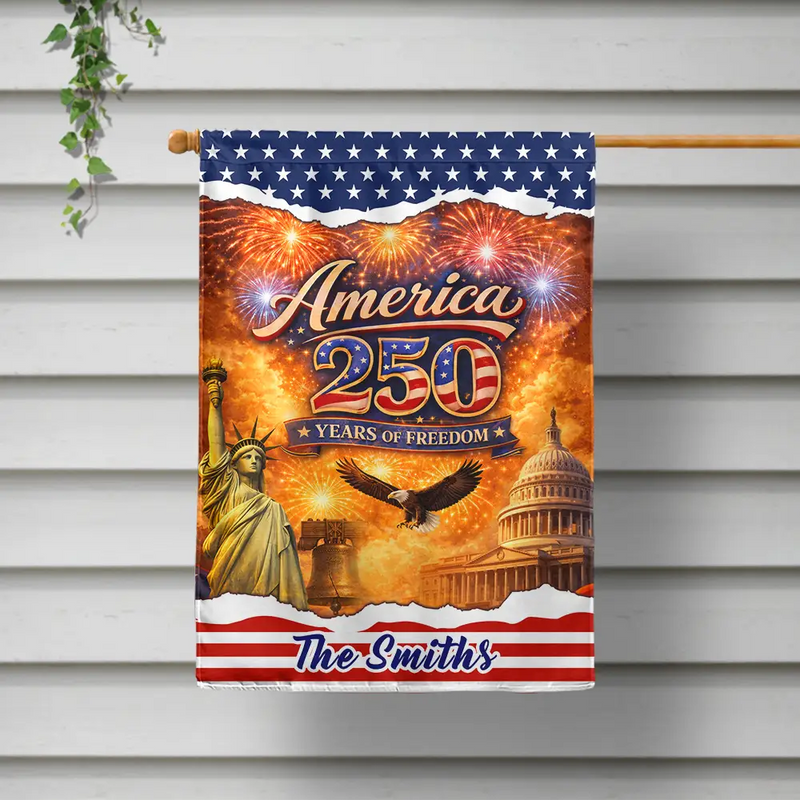Gift For Couples, Gift For Husband, Gift For Wife, Gift For Boyfriend, Gift For Girlfriend, Parents, Gift For Yourself, Gift For Women, Gift For Men, Gift For Mother, Gift For Father, Gift For Daughter, Gift For Son, Family, Independence Day, America 250th, Happy - America 250 Years Of Freedom With Iconic Symbols - Personalized Flag