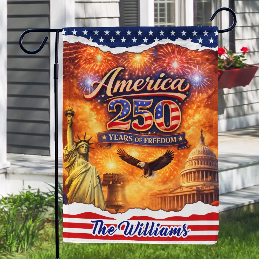 Gift For Couples, Gift For Husband, Gift For Wife, Gift For Boyfriend, Gift For Girlfriend, Parents, Gift For Yourself, Gift For Women, Gift For Men, Gift For Mother, Gift For Father, Gift For Daughter, Gift For Son, Family, Independence Day, America 250th, Happy - America 250 Years Of Freedom With Iconic Symbols - Personalized Flag