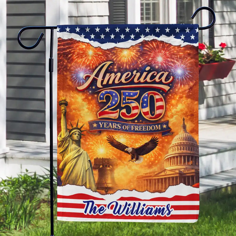 Gift For Couples, Gift For Husband, Gift For Wife, Gift For Boyfriend, Gift For Girlfriend, Parents, Gift For Yourself, Gift For Women, Gift For Men, Gift For Mother, Gift For Father, Gift For Daughter, Gift For Son, Family, Independence Day, America 250th, Happy - America 250 Years Of Freedom With Iconic Symbols - Personalized Flag