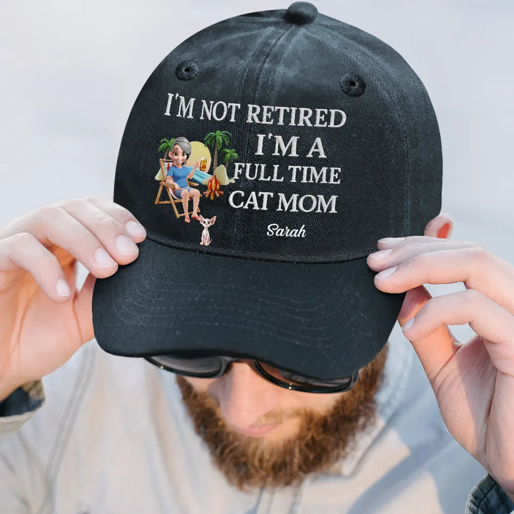 Pet Lovers,Pet Mom,Happy - Retired Full Time Dog Cat Mom 3D Embroidery Effect - Personalized Vintage Washed Denim Cap