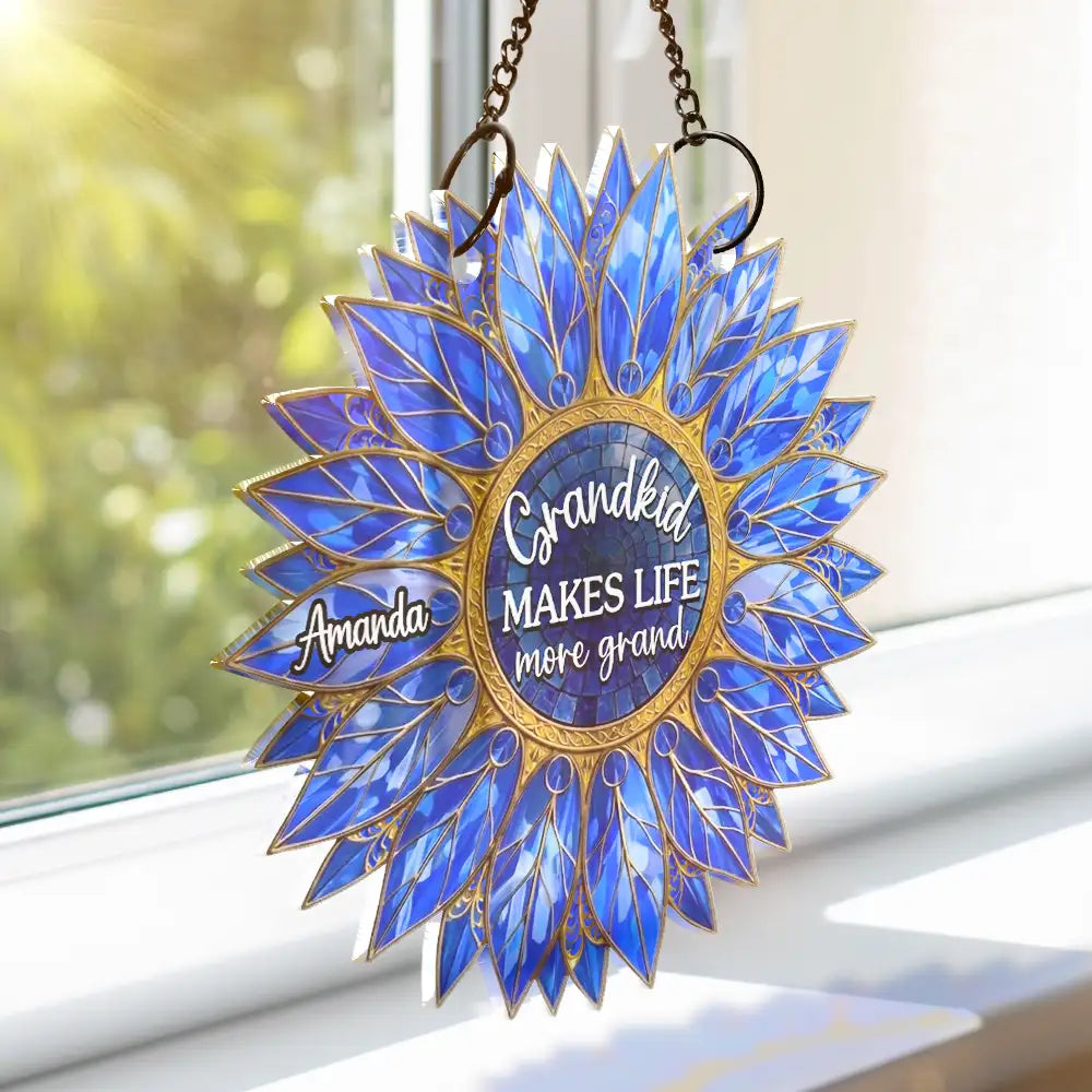 Gift For Grandma,Grandma - Grandkids,Gift For Mother,Gift For Women,Happy,Top Market - Stained Glass Effect Sunflower Grandkids Make Life Grand - Personalized Window Hanging Suncatcher Ornament