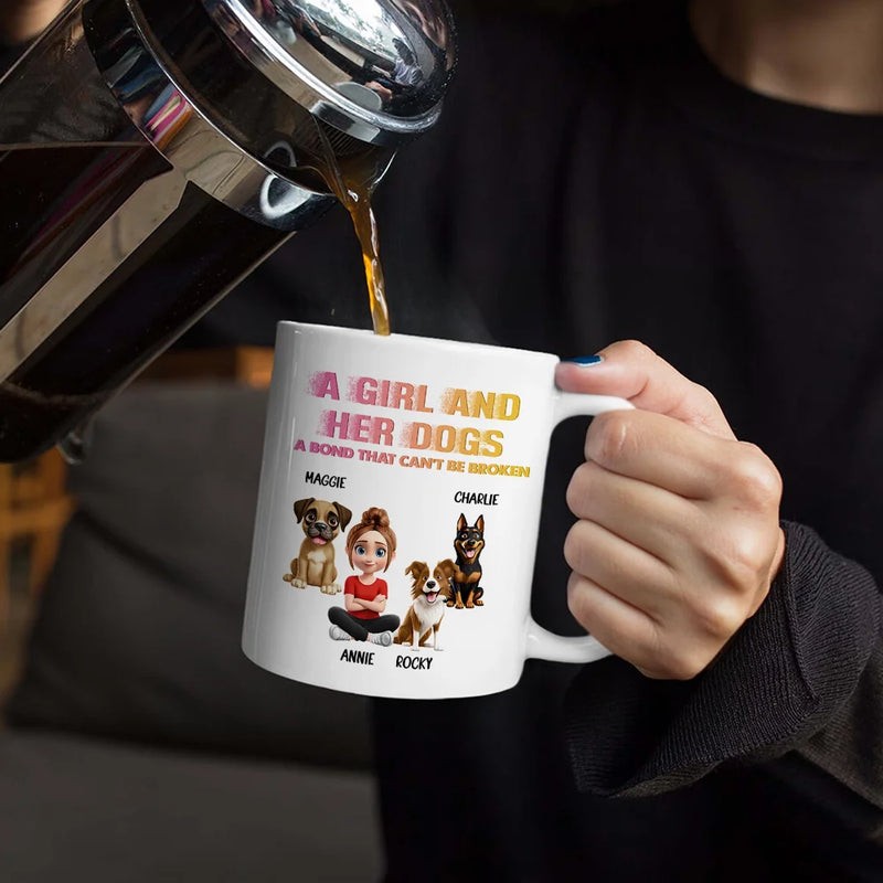 Pet Lovers,Pet Mom,Pet Dad,Cat Lovers,Cat Mom,Cat Dad,Dog Lovers,Dog Mom,Dog Dad,Gift For Women,Gift For Men,Happy,Top Market - Distressed Text Effect A Girl And Her Dogs Cat - Personalized White Edge-to-Edge Mug