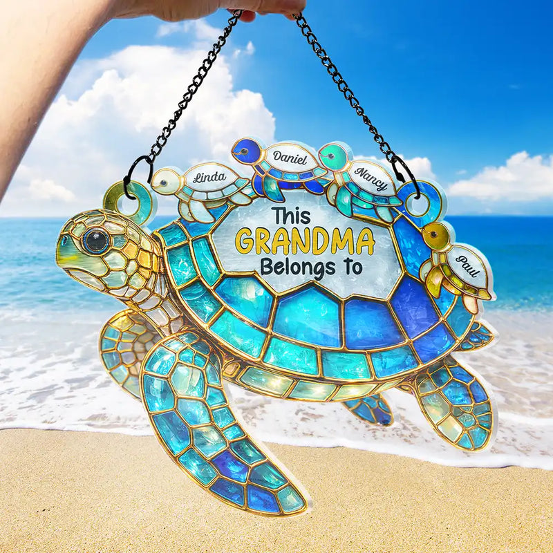 Gift For Grandma, Grandma - Grandkids, Beach, Happy, Gift For Mother - Turtle This Grandma Belongs To - Personalized Window Hanging Suncatcher Ornament