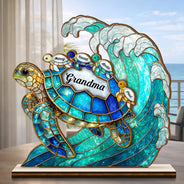 Gift For Grandma,Grandma - Grandkids,Gift For Mother,Beach,Happy - Turtle Stained Glass Mom Grandma - Personalized Custom Shaped Wooden Plaque