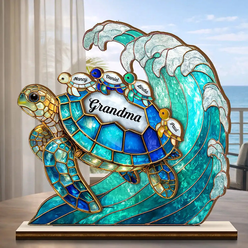 Gift For Grandma,Grandma - Grandkids,Gift For Mother,Beach,Happy - Turtle Stained Glass Mom Grandma - Personalized Custom Shaped Wooden Plaque