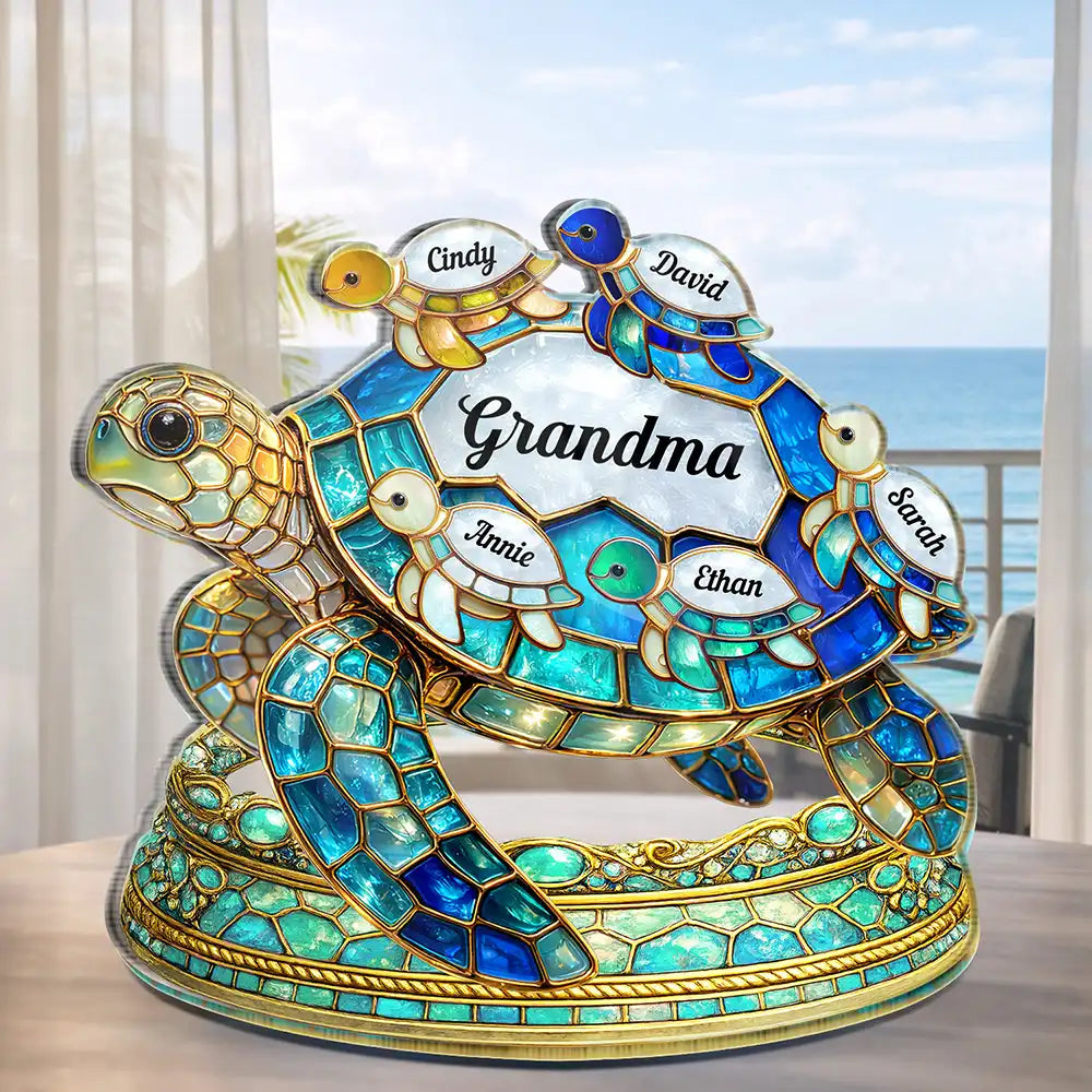 Gift For Grandma, Grandma - Grandkids, Beach, Happy - Turtle Stained Glass Effect Mom Grandma - Personalized Custom Shaped Acrylic Plaque