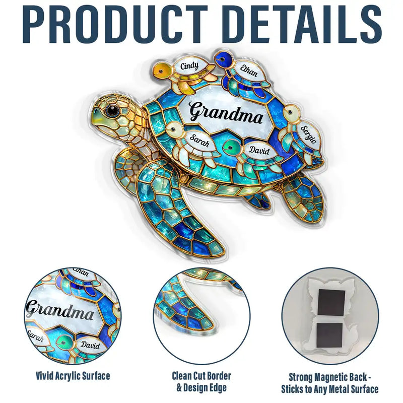 Gift For Grandma, Grandma - Grandkids, Beach, Happy - Turtle Stained Glass Mom Grandma - Personalized Acrylic Fridge Magnet