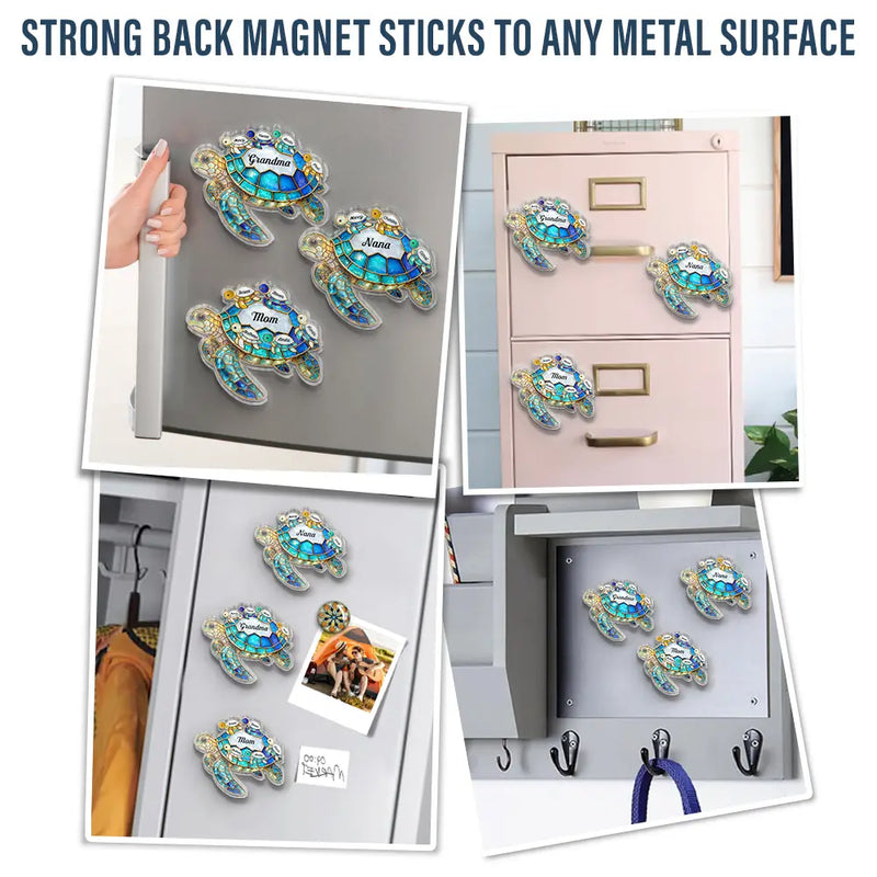 Gift For Grandma, Grandma - Grandkids, Beach, Happy - Turtle Stained Glass Mom Grandma - Personalized Acrylic Fridge Magnet