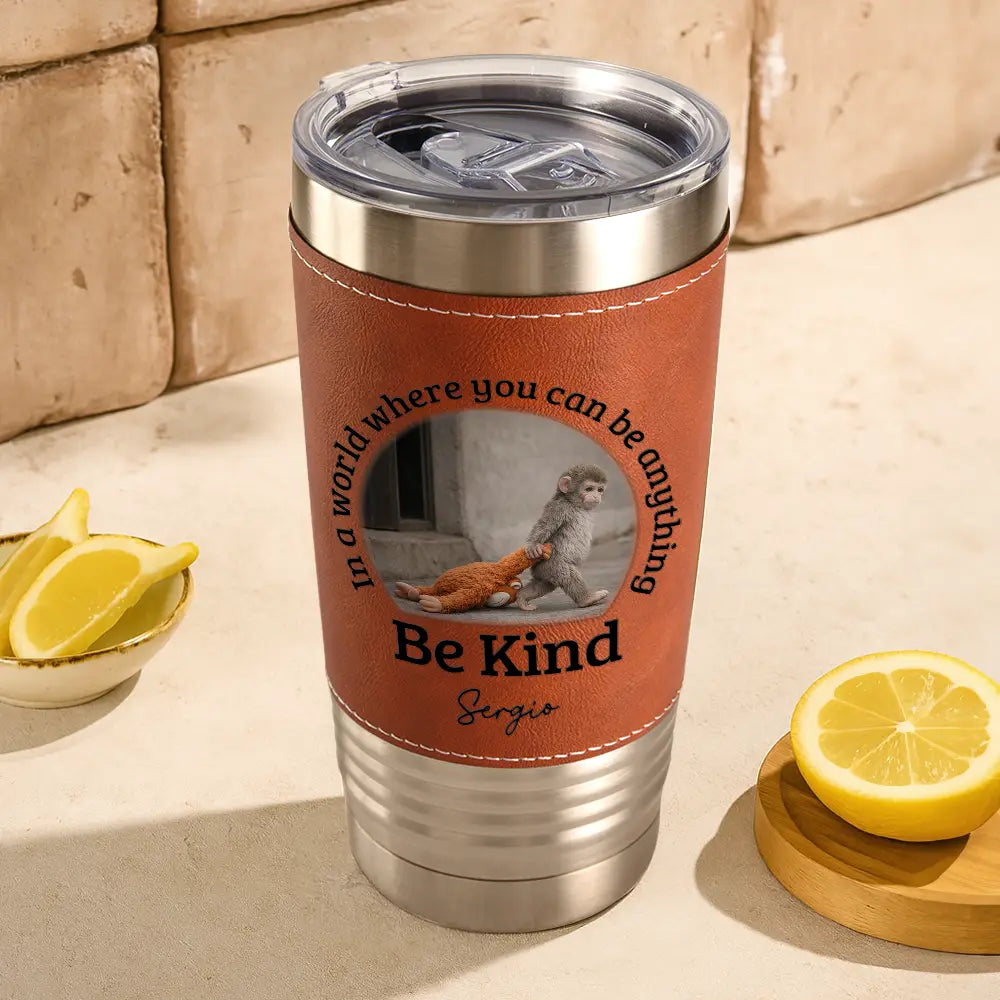 Punch Monkey,Gift For Yourself,Love,Gift For Bestie,Gift For Women,Gift For Men - In A World Where You Can Be Anything Be Kind - Personalized Leather Tumbler