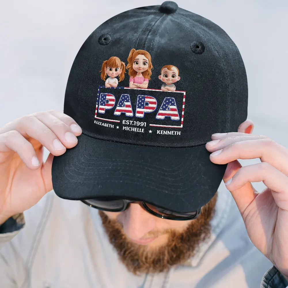 Gift For Father,Gift For Grandpa,Independence Day,Happy - Retro Style America Dad Grandpa 3D Effect - Personalized Vintage Washed Denim Cap
