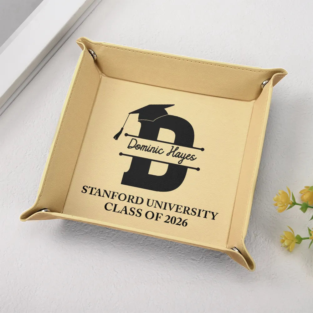 Graduation,Happy,Gift For Yourself,Gift For Women,Gift For Men,Gift For Daughter,Gift For Son,Gift For Sisters,Gift For Sibling,Gift For Brothers,Gift For Bestie - Congrats Grad Initial Name - Personalized Leather Valet Tray