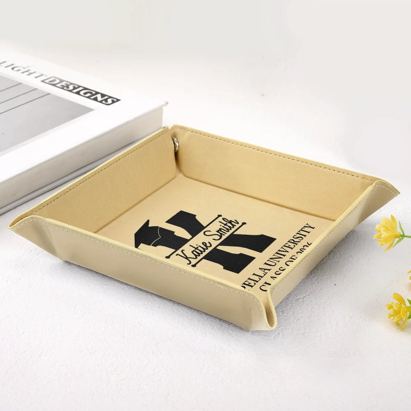 Graduation,Happy,Gift For Yourself,Gift For Women,Gift For Men,Gift For Daughter,Gift For Son,Gift For Sisters,Gift For Sibling,Gift For Brothers,Gift For Bestie - Congrats Grad Initial Name - Personalized Leather Valet Tray