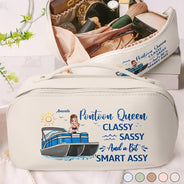 Gift For Yourself, Gift For Women, Pontoon, Lake, Funny - Pontoon Queen Classy Sassy All My Pontoon Crap - Personalized Leather Makeup Bag