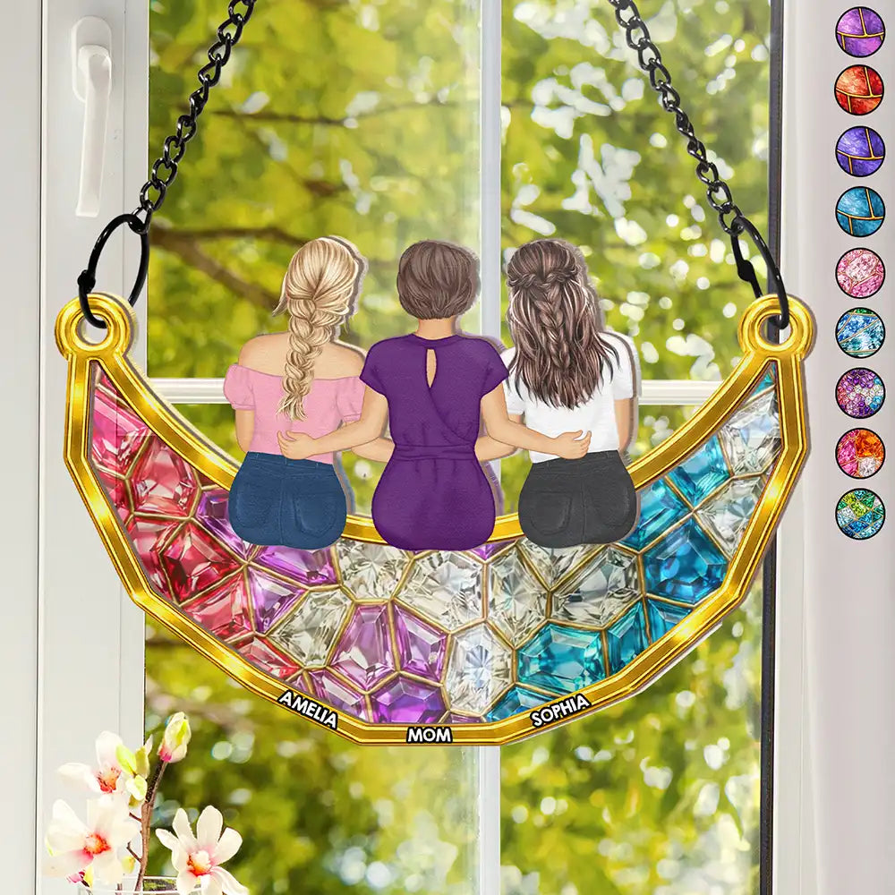 Mom Grandma Sitting On The Moon Stained Glass Effect - Personalized Window Hanging Suncatcher Ornament