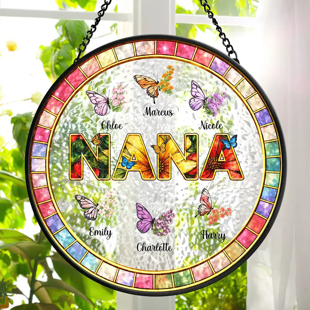 Gift For Mother,Gift For Grandma,Grandma - Grandkids,Happy - Mom Grandma Nana Floral Butterflies - Personalized Stained Glass Window Hanging Suncatcher