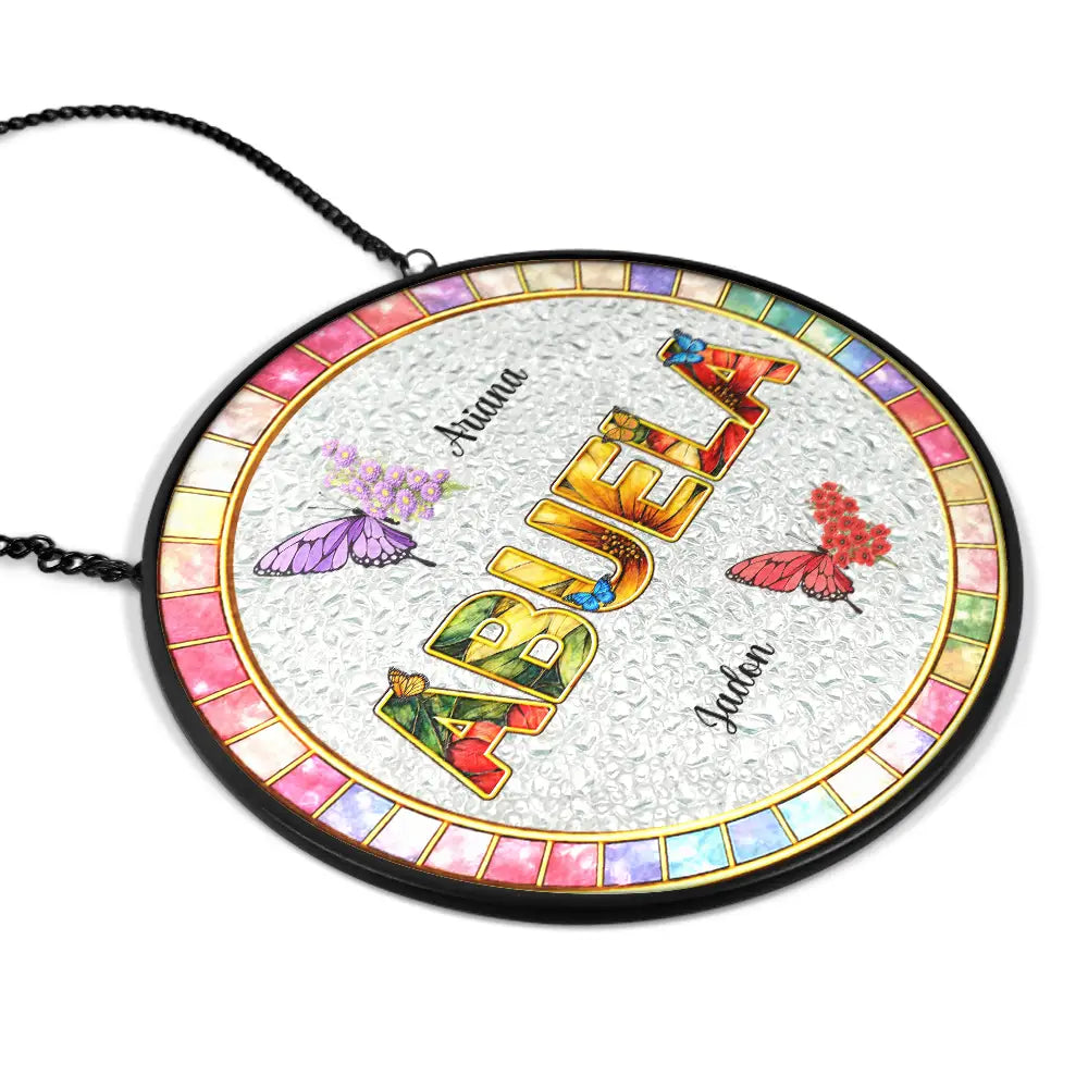 Gift For Mother,Gift For Grandma,Grandma - Grandkids,Happy - Mom Grandma Nana Floral Butterflies - Personalized Stained Glass Window Hanging Suncatcher