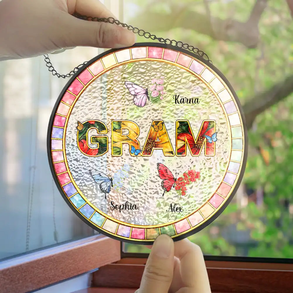 Gift For Mother,Gift For Grandma,Grandma - Grandkids,Happy - Mom Grandma Nana Floral Butterflies - Personalized Stained Glass Window Hanging Suncatcher
