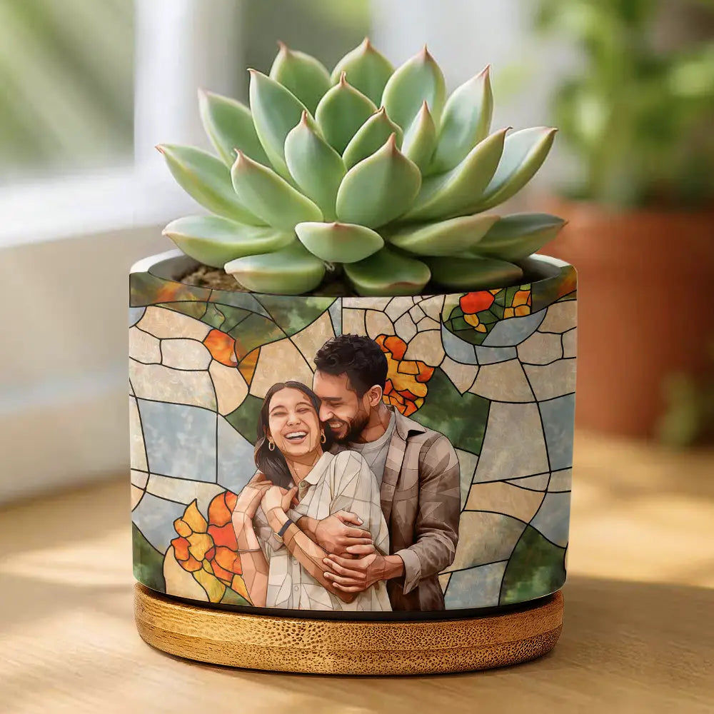 Gift For Wife,Gift For Mother,Gift For Grandma,Gift For Grandparents,Family,Love - Custom Photo Stained Glass Portrait Mom Grandma Parents Family - Personalized Ceramic Plant Pot