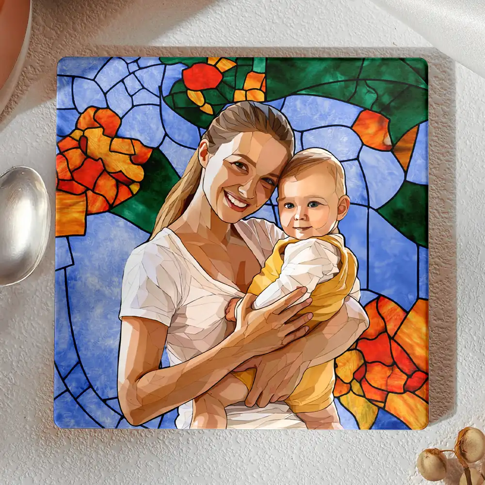 Gift For Wife,Gift For Mother,Gift For Grandma,Gift For Grandparents,Family,Love - Custom Photo Stained Glass Portrait Mom Grandma Parents Family - Personalized Ceramic Coaster