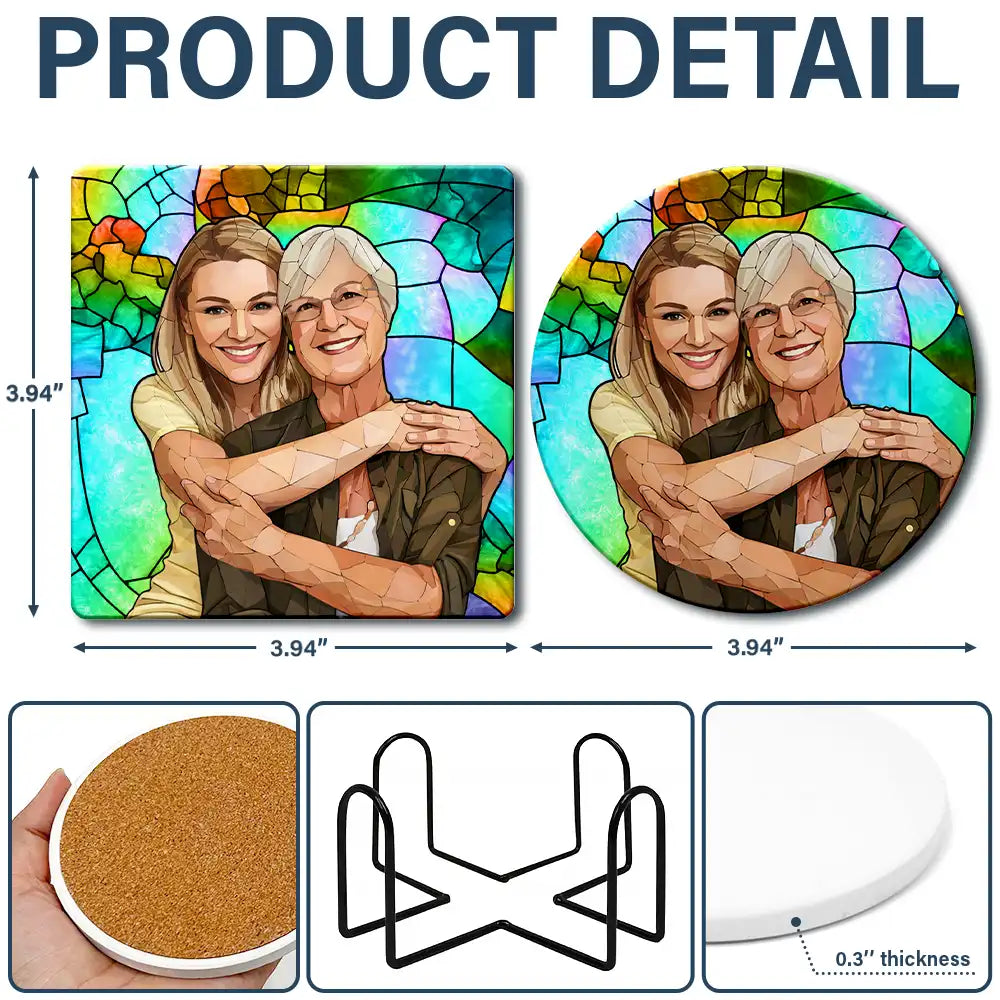 Gift For Wife,Gift For Mother,Gift For Grandma,Gift For Grandparents,Family,Love - Custom Photo Stained Glass Portrait Mom Grandma Parents Family - Personalized Ceramic Coaster