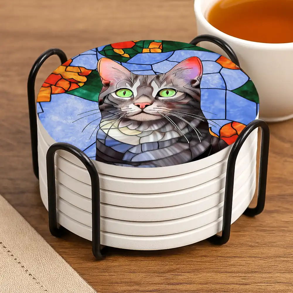 Gift For Wife,Gift For Mother,Gift For Grandma,Gift For Grandparents,Family,Love - Custom Photo Stained Glass Portrait Mom Grandma Parents Family - Personalized Ceramic Coaster