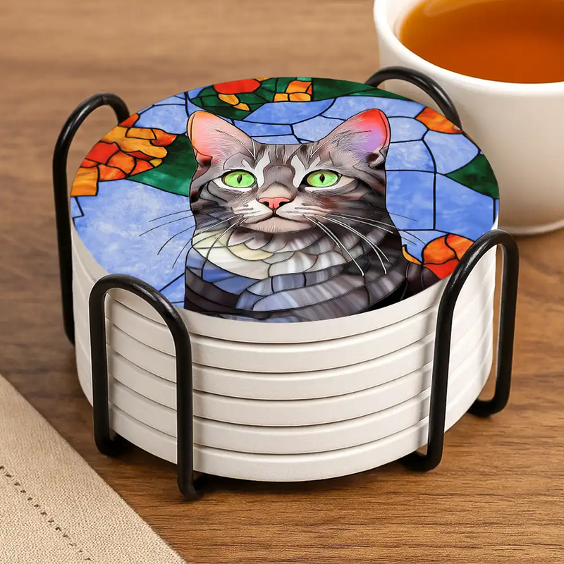 Gift For Wife,Gift For Mother,Gift For Grandma,Gift For Grandparents,Family,Love - Custom Photo Stained Glass Portrait Mom Grandma Parents Family - Personalized Ceramic Coaster