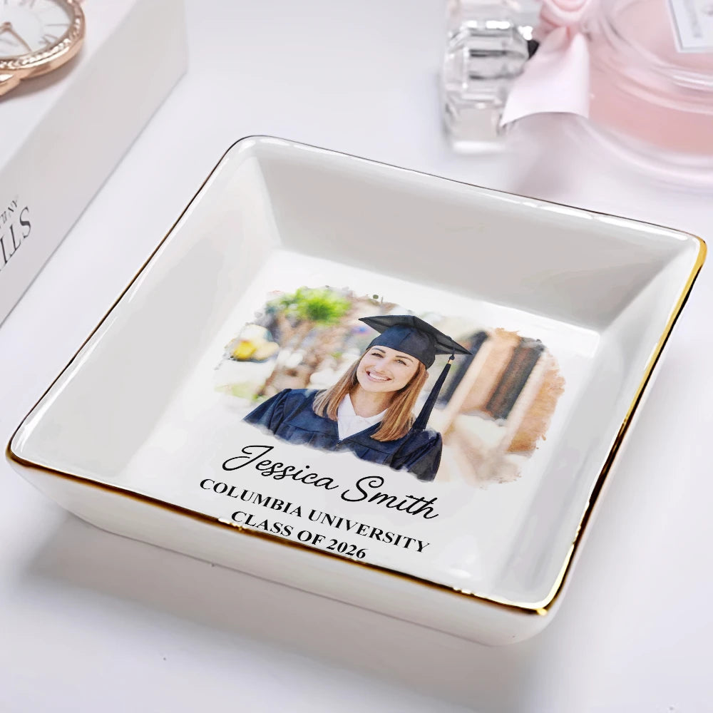 Graduation,Happy,Photo - Watercolor (with BG) - Custom Photo Watercolor Painting Congrats Graduation - Personalized Ring Dish