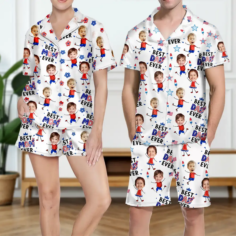 Gift For Mother,Gift For Grandma,Happy,Gift For Father,Gift For Grandpa,Independence Day,Non-Eng,Photo,Icon,Humorous - Custom Photo Stars & Stripes Best Dad Mom Grandpa Grandma Ever - Personalized Short Pajamas Set