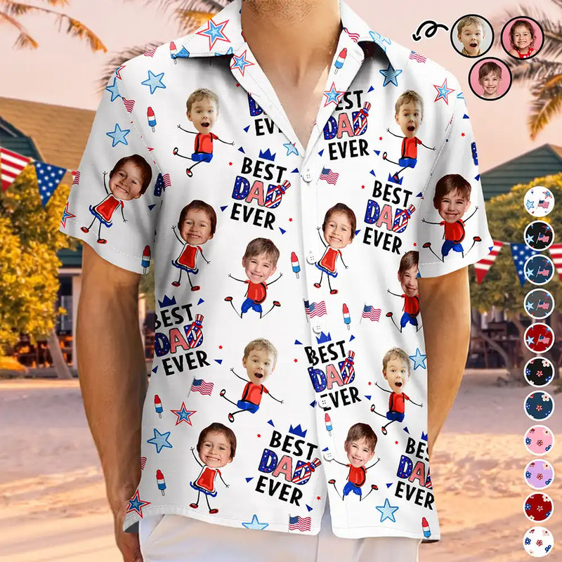 Gift For Mother,Gift For Grandma,Happy,Gift For Father,Gift For Grandpa,Summer,Independence Day,Non-Eng,Photo,Icon,Humorous - Custom Photo Stars & Stripes Best Dad Mom Grandpa Grandma Ever - Personalized Hawaiian Shirt