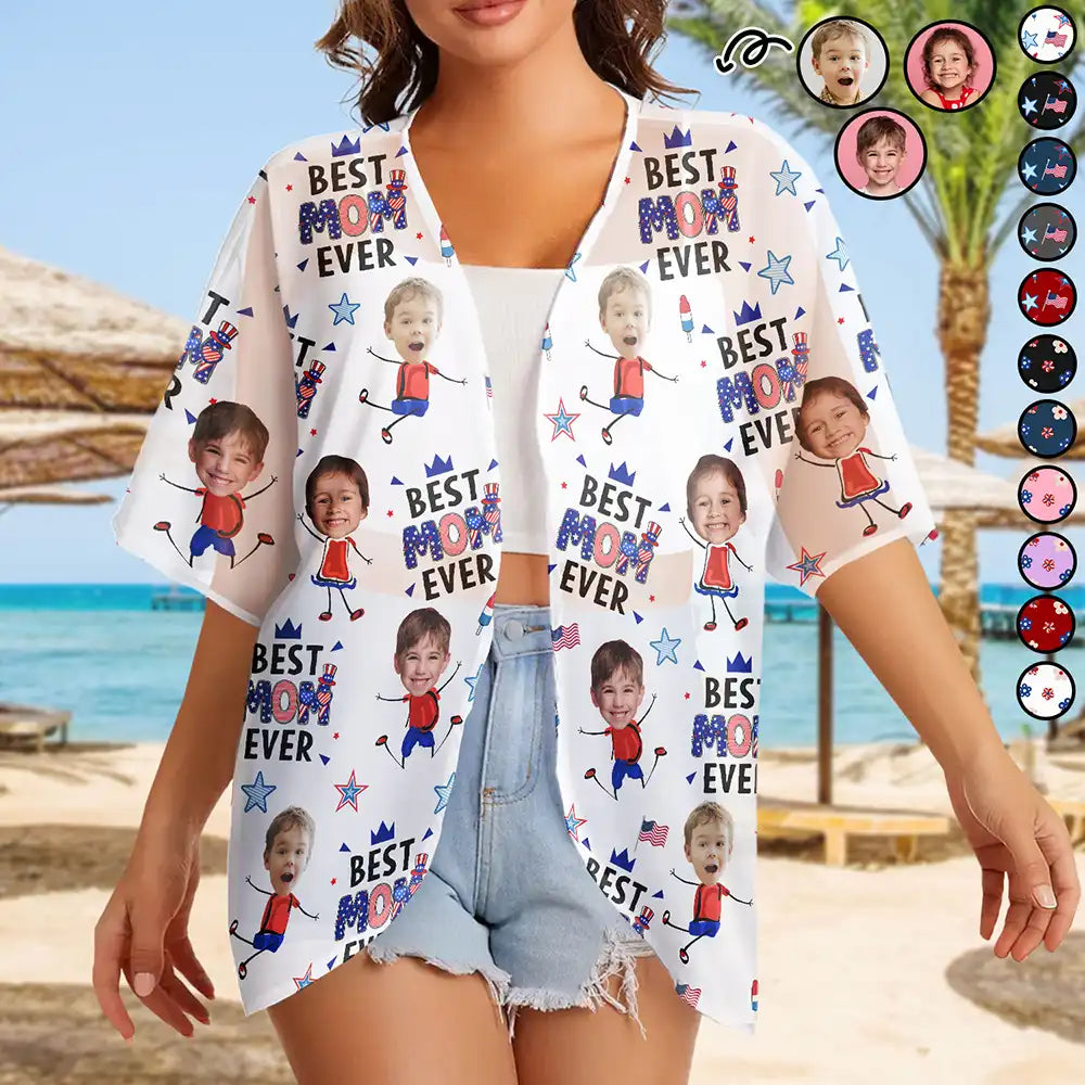 Custom Photo Stars & Stripes Best Mom Grandma Ever - Personalized Women Kimono Cardigan