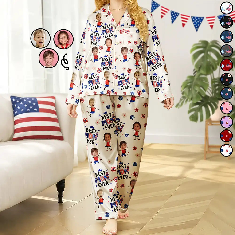 Custom Photo Stars & Stripes Best Mom Grandma Ever - Personalized Satin Pajama Set