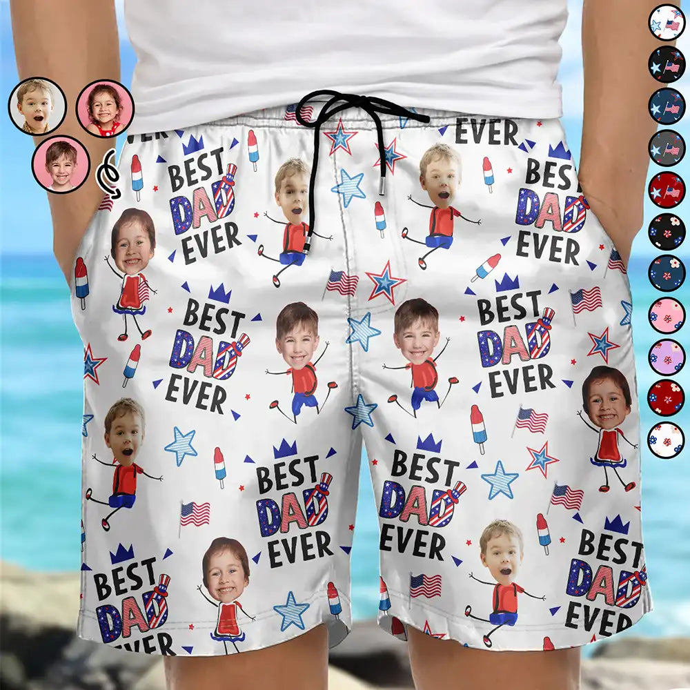 Gift For Mother,Gift For Grandma,Happy,Gift For Father,Gift For Grandpa,Summer,Independence Day,Photo,Icon,Humorous - Custom Photo Stars & Stripes Best Dad Mom Grandpa Grandma Ever - Personalized Unisex Beach Shorts