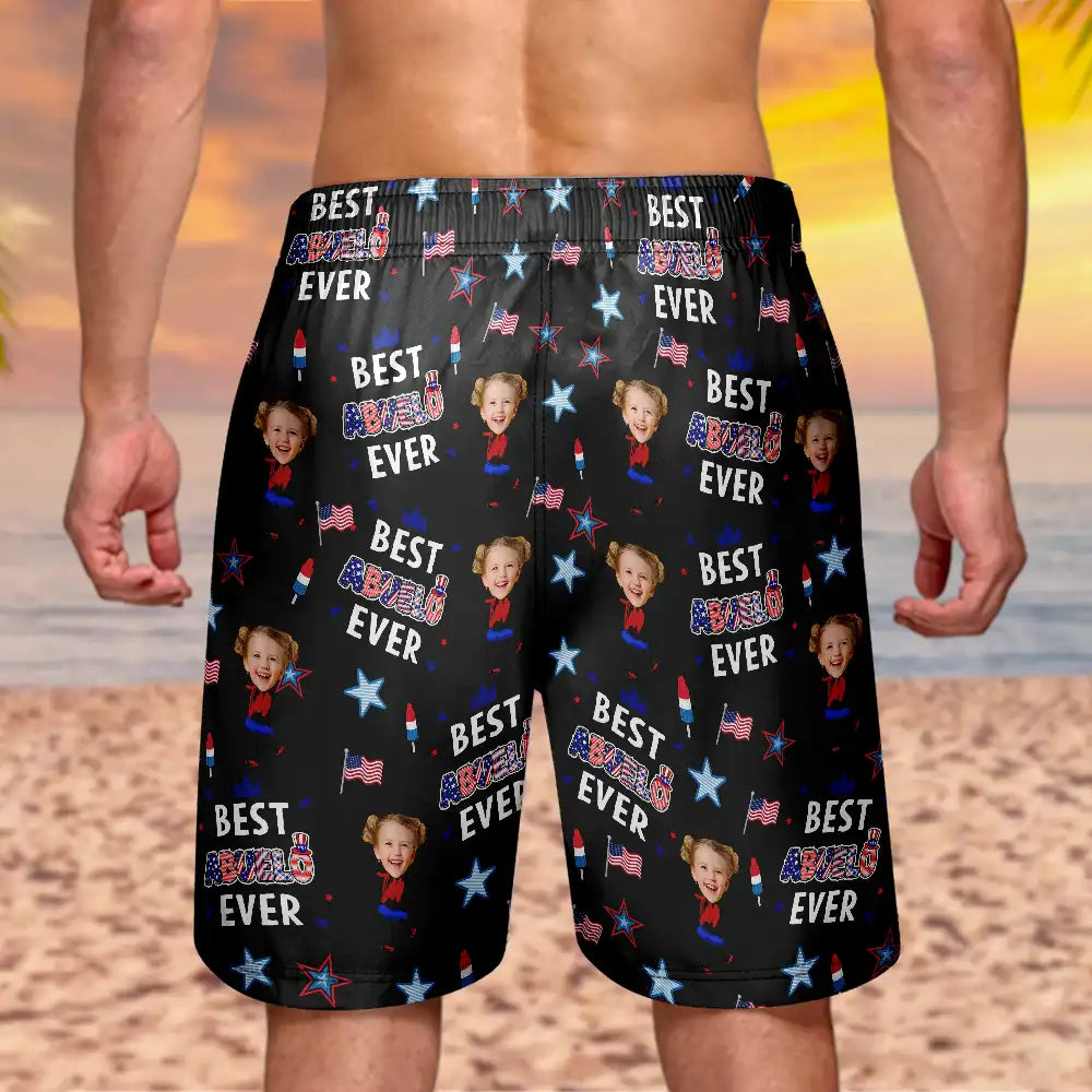Gift For Mother,Gift For Grandma,Happy,Gift For Father,Gift For Grandpa,Summer,Independence Day,Photo,Icon,Humorous - Custom Photo Stars & Stripes Best Dad Mom Grandpa Grandma Ever - Personalized Unisex Beach Shorts