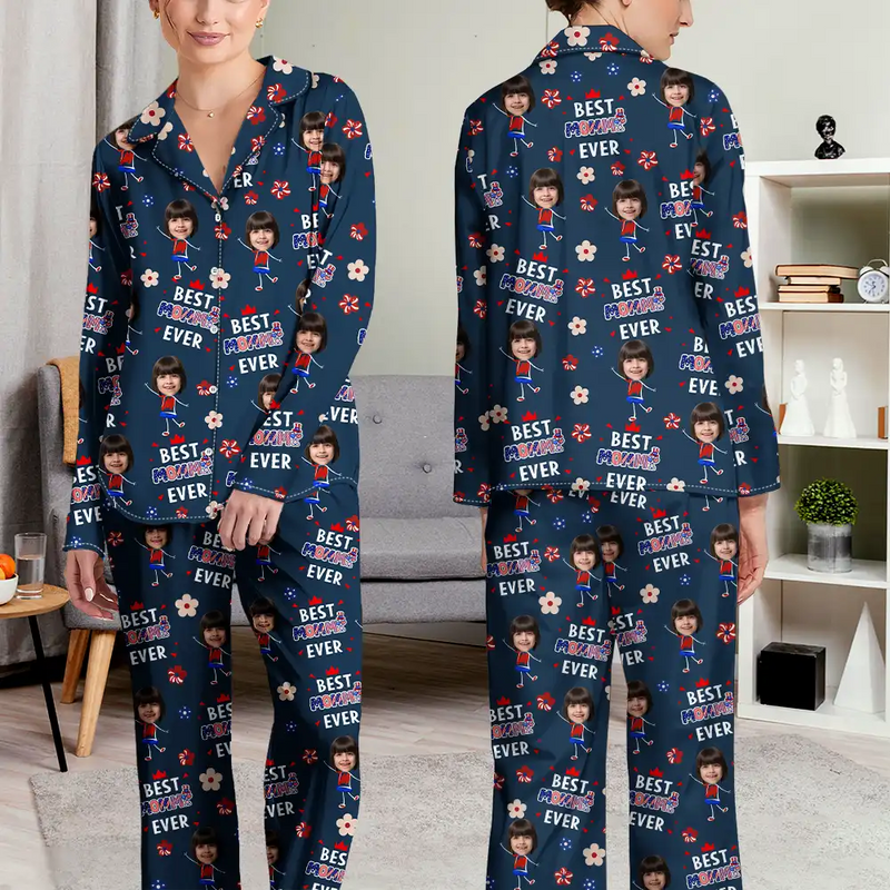 Gift For Mother,Gift For Grandma,Happy,Gift For Father,Gift For Grandpa,Independence Day,Photo,Icon,Humorous - Custom Photo Stars & Stripes Best Dad Mom Grandpa Grandma Ever - Personalized Long Pajamas Set