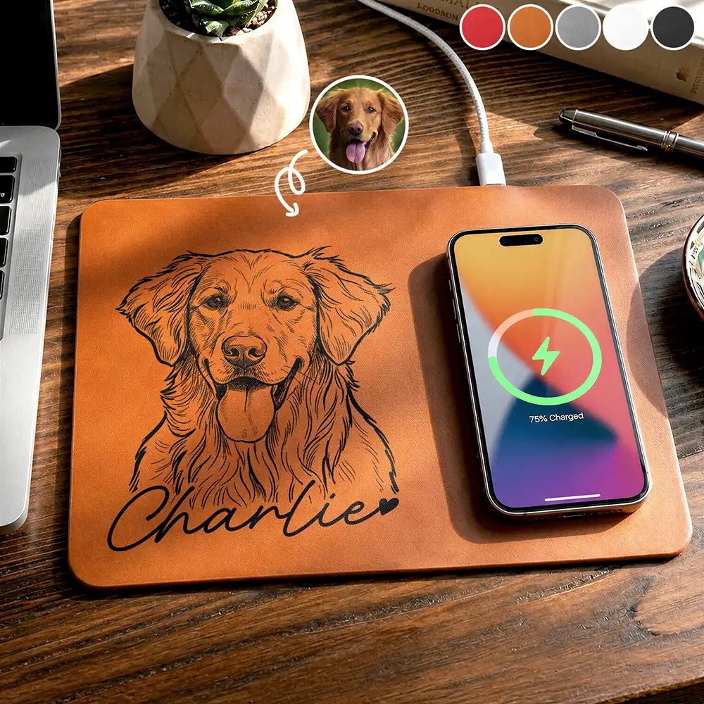 Custom Photo Bold Sketch Pet Portrait Pet Lovers - Personalized Leather Charging Mat