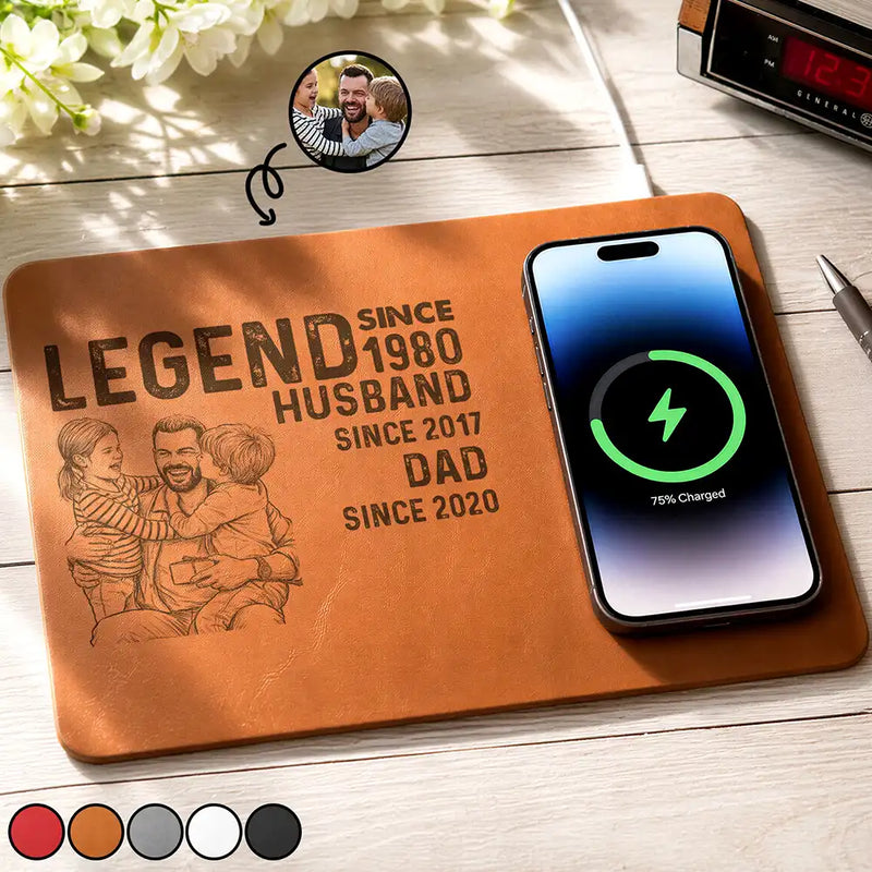 Custom Photo,Gift For Father,Gift For Grandpa,Non-Eng,Photo - Pencil Sketch,Proud - Custom Photo Pencil Sketch Legend Husband Daddy Since - Personalized Leather Charging Mat