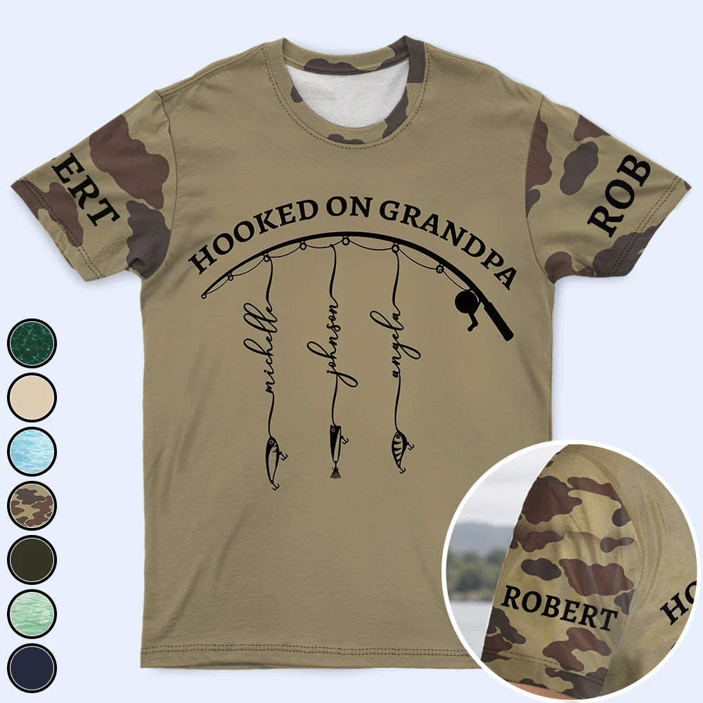 Gift For Father,Gift For Grandpa,Fishing,Non-Eng,Icon,Proud - Hooked On Grandpa - Personalized Full Print T Shirt