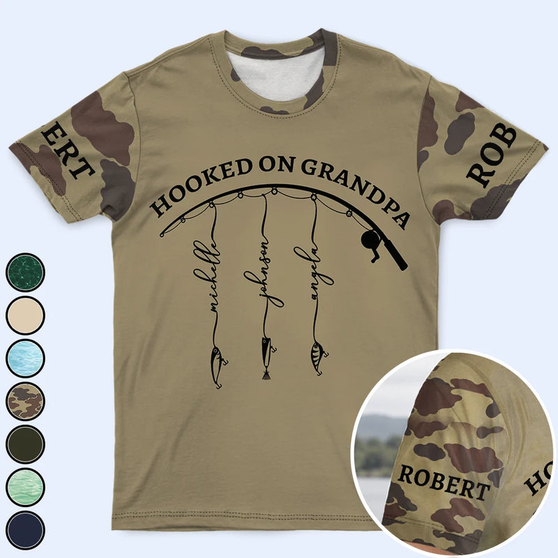 Gift For Father,Gift For Grandpa,Fishing,Non-Eng,Icon,Proud - Hooked On Grandpa - Personalized Full Print T Shirt