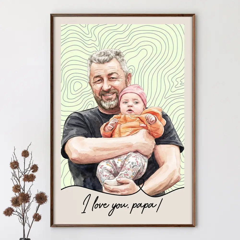 Gift For Father,Custom Photo,Art Design,Top Market,Adorable,Photo - Watercolor - Remove BG - Custom Photo Realistic Watercolor Art Dad Grandpa Portrait Topographic Pattern - Personalized Poster