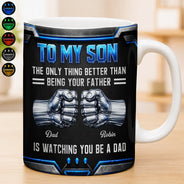 Gift For Father,Gift For Son,Dad - Son (Adult),Gift For Children,Top Market,Proud,Custom Text - 3D Metallic Effect Hand Punch Watching You Be A Dad - Personalized White Edge-to-Edge Mug