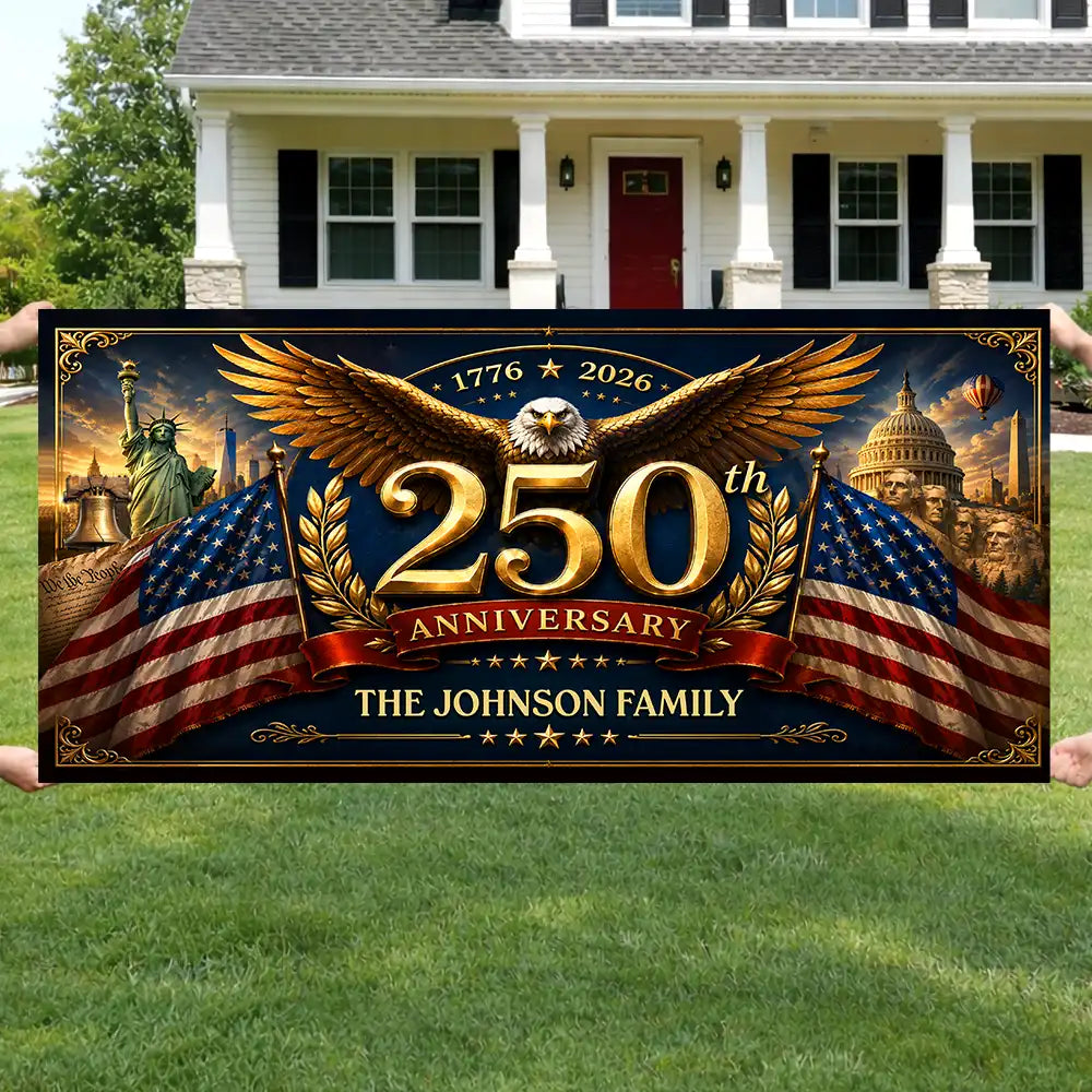 America 250th,Independence Day,Top Market,Family,Proud,Custom Text - Metal Effect Patriotic Eagle 250th Anniversary - Personalized Horizontal Banner