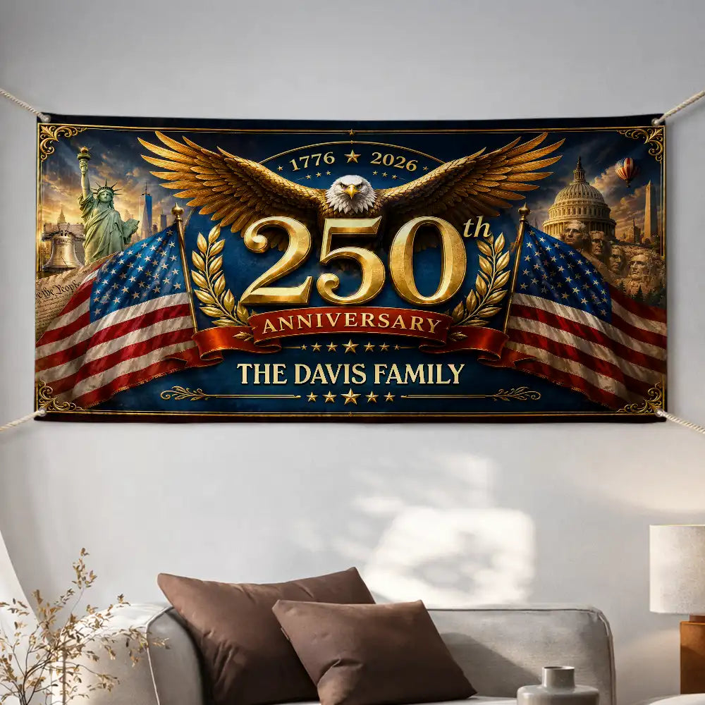America 250th,Independence Day,Top Market,Family,Proud,Custom Text - Metal Effect Patriotic Eagle 250th Anniversary - Personalized Horizontal Banner