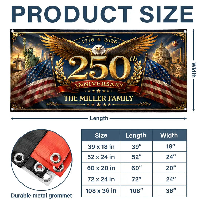 America 250th,Independence Day,Top Market,Family,Proud,Custom Text - Metal Effect Patriotic Eagle 250th Anniversary - Personalized Horizontal Banner